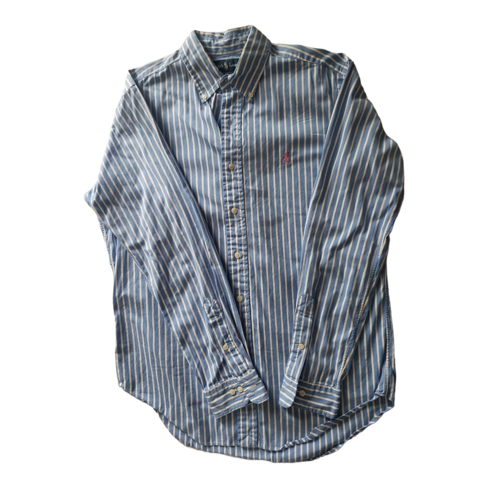 Ralph Lauren blue white striped classic fit men's button up shirt 15 1/2